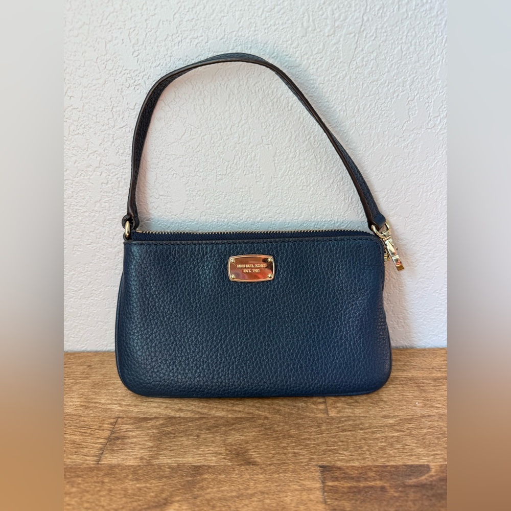 Michael Kors Navy Pebbled Leather Wristlet with Gold Hardware